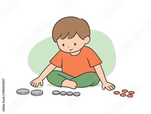 Soft child matches coin sizes on the floor, counting aloud softly while hands pause between small groups today at home nearby now