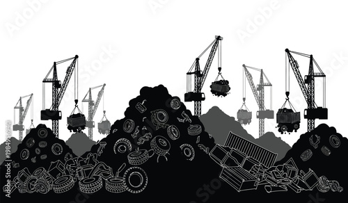 A stark black and white depiction shows industrial cranes positioned above a large pile of discarded tires and waste creating a silhouette high quality