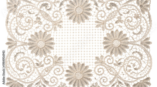 Fotografie Intricate vintage square lace doily with a woven mesh center and floral daisy pa