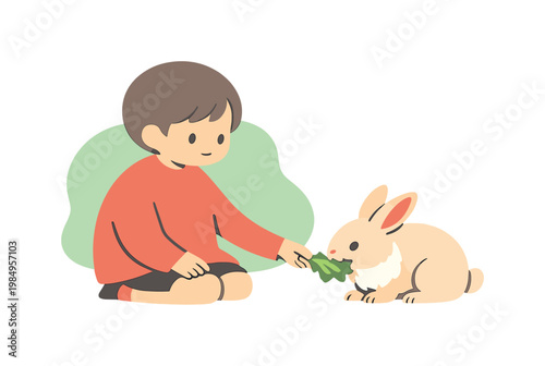 Child Feeding Rabbit. Quiet child feeds a pet rabbit as small hands offer greens and the animal nibbles calmly in open space