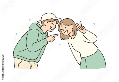 Couple enjoying playful moment during a casual walk pause, leaning slightly toward each other with cheerful gestures, minimalist