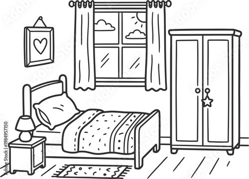 Cozy bedroom interior with bed, wardrobe, nightstand and window vector