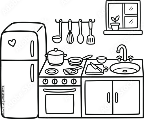 Doodle kitchen interior with appliances and utensils vector