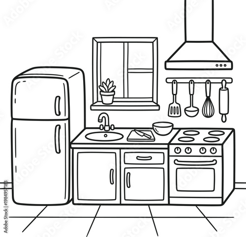 Kitchen interior with furniture and appliances line art vector