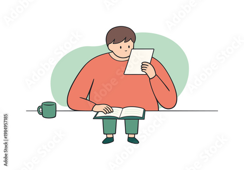 Calm person pauses while reviewing notes rereading a section as the desk remains clear and balanced  scene of person reviewing