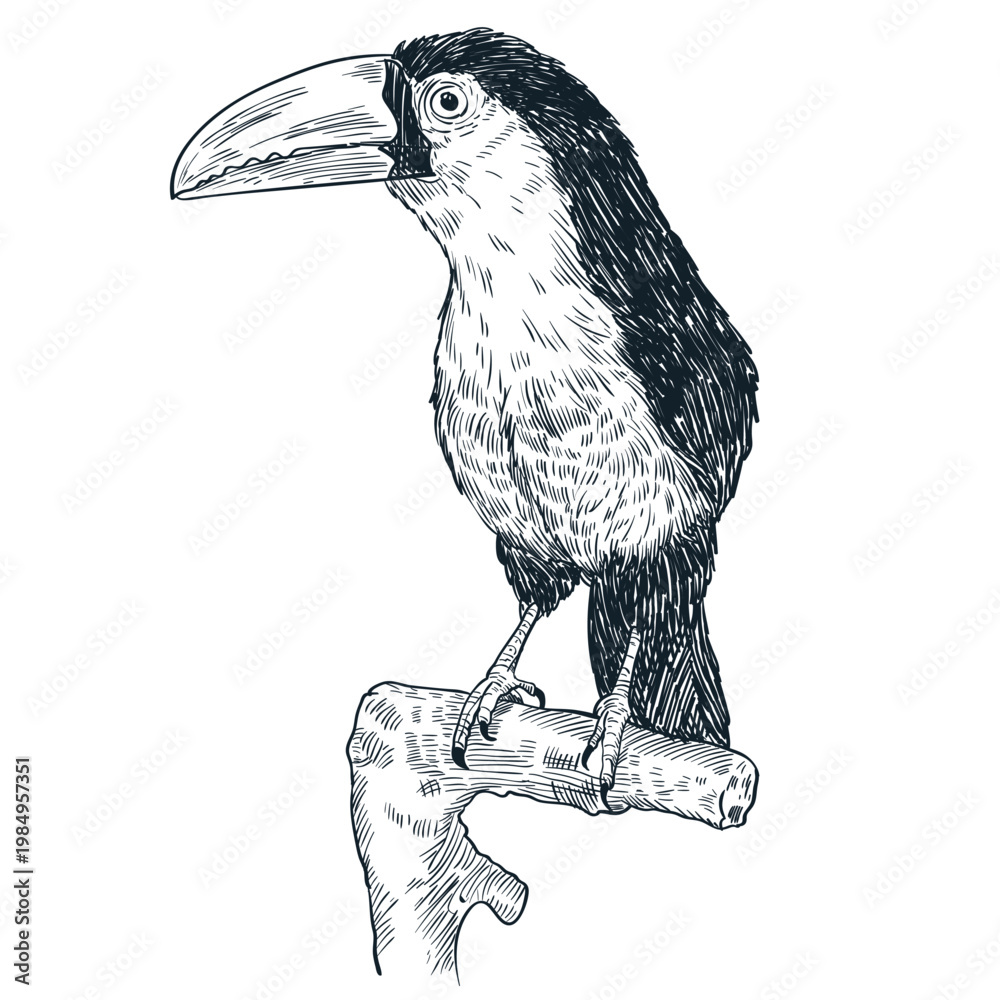 Fototapeta premium Toucan vector hand drawn sketch illustration. Tropical bird fashion print or poster design element