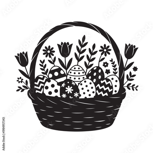 Floral Easter Basket with Patterned Eggs – Black and White Line Art Vector Illustration
