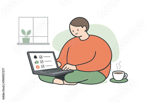 Calm person reviews reminders on a laptop seated near a window as time feels unhurried with tea nearby on a quiet day indoors now