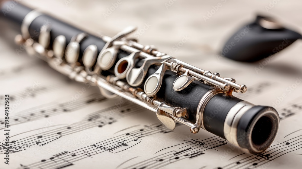 Obraz premium Handwritten Music Sheet with Clarinet Laid Across Closeup Image
