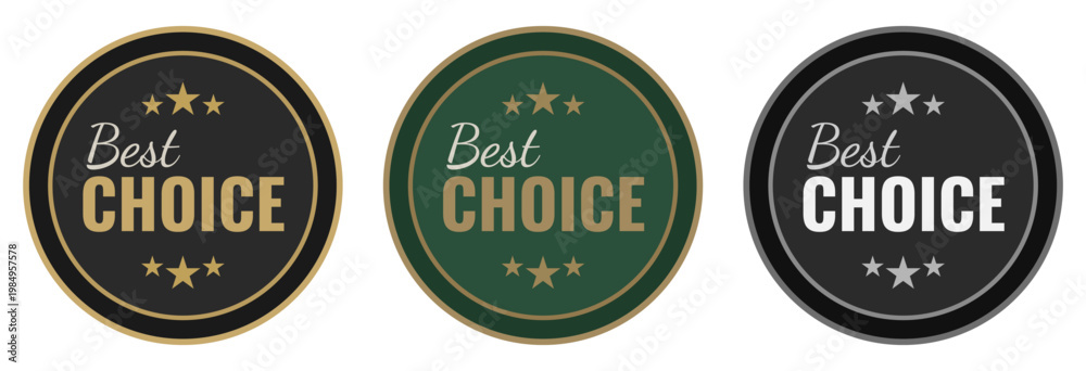 Fototapeta premium Set of circular best choice labels in gold, black, green and silver