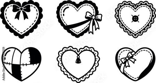 Black and white patchwork and bow decorated heart shapes vector art set