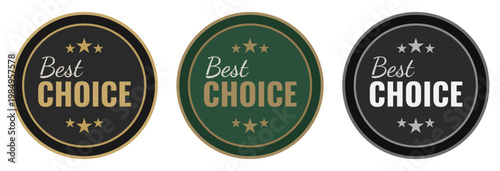 Set of circular best choice labels in gold, black, green and silver