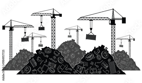 A stark illustration depicts multiple construction cranes looming over a large pile of discarded refuse and debris a striking silhouette high quality professional detailed