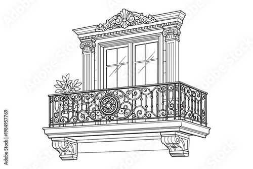 Ornate Balcony With Wrought Iron Railing and Classical Window Architectural Line Drawing