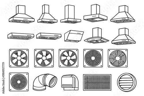 Range Hood and Exhaust Fan Line Art Set — Kitchen Ventilation Icons, Ducts and Extractor Hoods