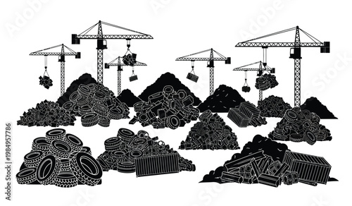 A stark illustration depicts multiple construction cranes looming over large piles of tires and debris creating a landscape of industrial waste silhouette high quality