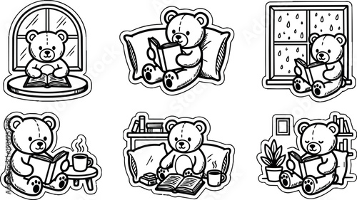 Black and white line art teddy bears reading books in cozy settings
