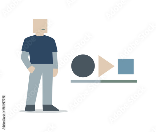 Individual standing beside a reduced abstract icon composed of few essential shapes, expressing distilled understanding. Stylized