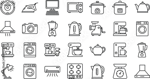 Home appliance line icons collection featuring kitchen and household devices including coffee maker, blender, washing machine, and kettle isolated on white background