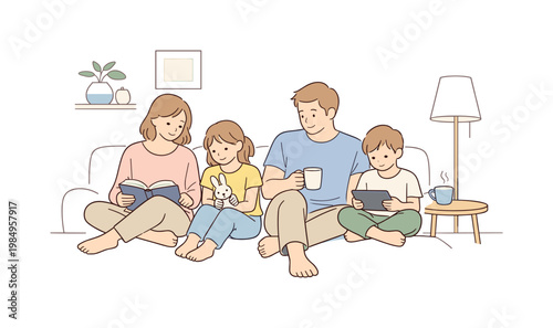 Relaxed Family Weekend. Family spending slow calm weekend time in living space, seated side by side with quiet interaction and