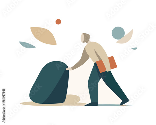 Focused attention narrowing as the figure steps closer to one abstract form while all other elements drift outward. Stylized