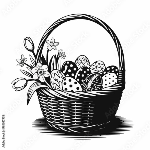 Easter Basket with Flowers and Patterned Eggs – Detailed Black and White Vector Illustration