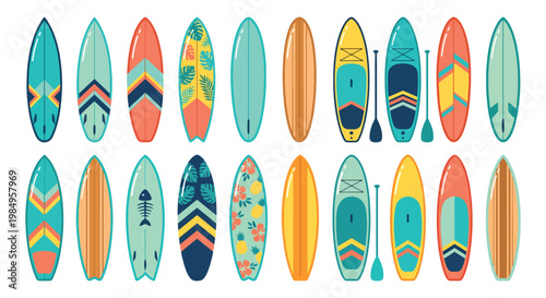 Colorful Surfboards and Paddleboards in Two Rows With Tropical and Retro Summer Designs