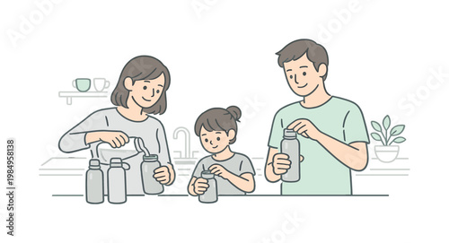 Family choosing eco lifestyle during a quiet kitchen routine, refilling reusable bottles together with gentle focus, minimalist