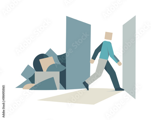 Person moving through a newly opened corridor between shapes, leaving complexity behind as space expands. Stylized editorial