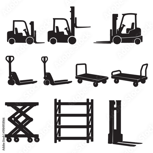 Warehouse Forklift And Material Handling Equipment Icons Including Pallet Jack, Scissor Lift, Cart And Shelving