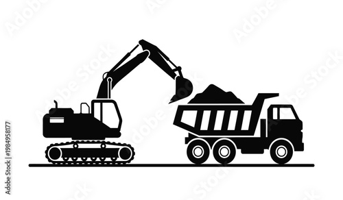 A stark black silhouette depicts a powerful excavator actively loading materials into a large dump truck showcasing industrial work silhouette high quality professional detailed