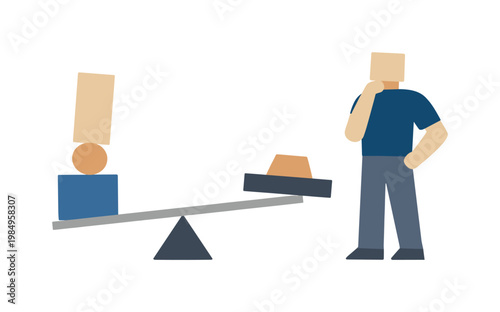 Balancing Work Demands. Human balancing work demands pausing as the figure stands beside a partially balanced setup, assessing