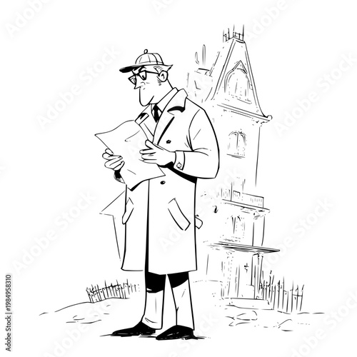 Detective Reading Papers in Front of Old House