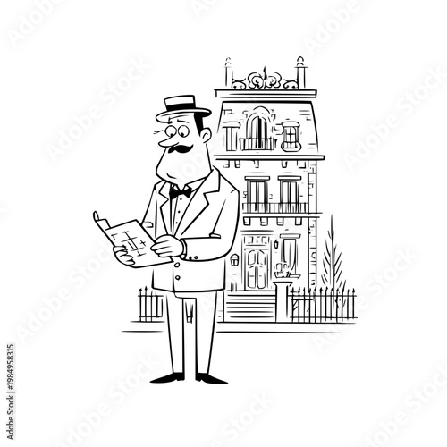 Butler Reading Newspaper in Front of Large House