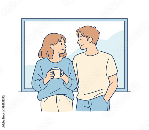 Cozy Minimalist Romance. Lovers enjoying everyday love near a window at home, standing side by side and sharing quiet conversation