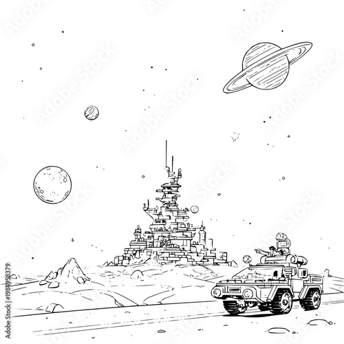 Futuristic Military Truck Driving on Alien Planet with Space Castle