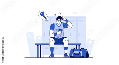 Man lost key in locker room, confused, searching for keys, sports bag, gym