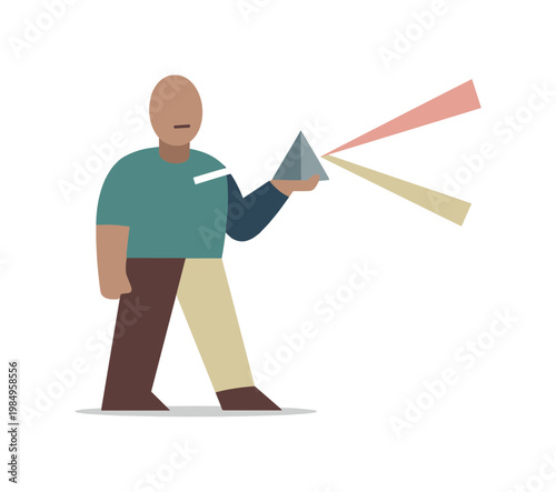 Human holding a simple prism-like shape that splits one beam into two, reimagining directions as refracted possibilities rather