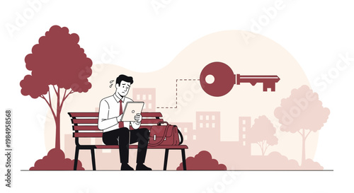Man on park bench with tablet, contemplating a large key symbolizing solution or opportunity