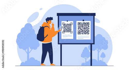 Man scanning QR code on bulletin board in park with trees and blue sky