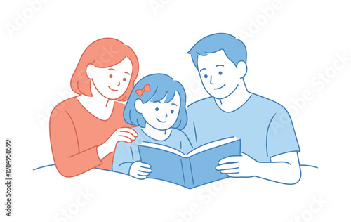 Parents enjoying quiet family evening while reading bedtime story, calm smiles and friendly proportions emphasizing togetherness,