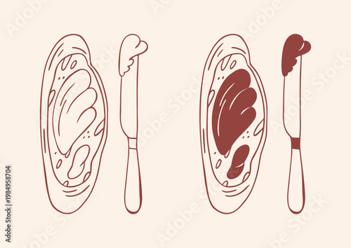 Set of fresh bread bruschetta spread with chocolate or jam and butter, kitchen knife, brown outline doodle flat retro style. Minimalist hand drawn vector illustration for breakfast concept on beige