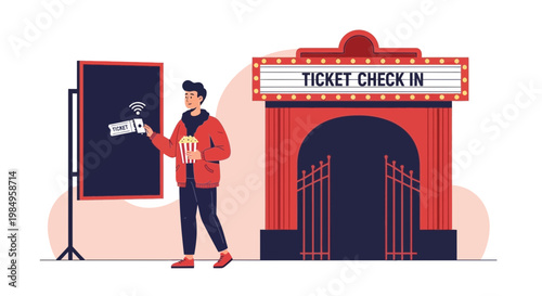 Man with popcorn and ticket at cinema entrance, digital check-in