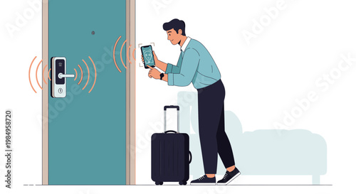 Man with smartphone unlocks smart door lock for hotel room, travel technology concept