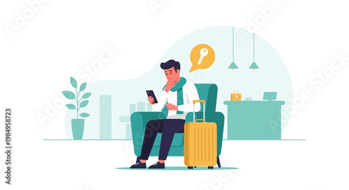 Man with Suitcase Using Smartphone in Hotel Lobby, Waiting for Room Key