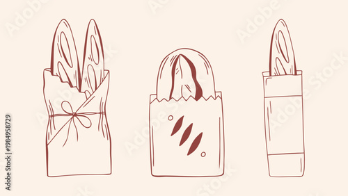Baguette and ciabatta bread in paper craft bags set, brown outline doodle flat retro style. Minimalist hand drawn vector for bakery takeaway design or baked goods poster, isolated on beige background