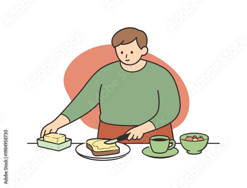 Gentle person prepares breakfast in the kitchen spreading butter and aligning dishes in a quiet flow  scene of person preparing