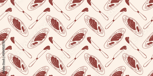 Baguette bread slices with chocolate spread or fruit jam and kitchen knife seamless pattern, brown outline doodle flat retro style. Minimalist hand drawn vector for bakery breakfast menu, on beige
