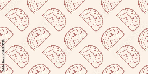 Sliced artisan bread geometric seamless pattern with porous texture, brown outline doodle flat retro style. Minimalist hand drawn vector bakery packaging, menu design, isolated on beige background.