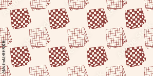 Checkered kitchen towels seamless pattern, brown outline doodle flat retro style. Minimalist hand drawn vector illustration for cafe branding, home textile, menu decor, isolated on beige background